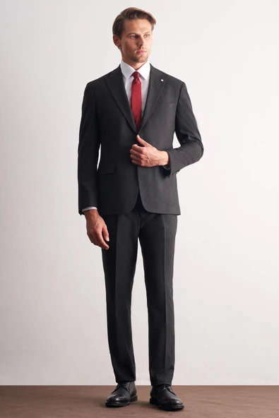 Siyah Kırlangıç Yaka Çizgili 6 Drop Slim Fit Tam Astar Esnek Takım Elbise 1001255165 ürün görseli 1
