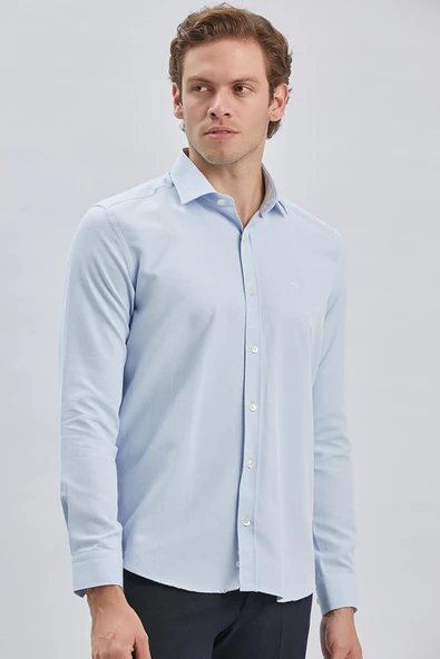 Mavi Uzun Kol Kendinden Desenli Armürlü Yarım İtalyan Yaka Classic Slim Fit Gömlek 1004240250 ürün görseli 1