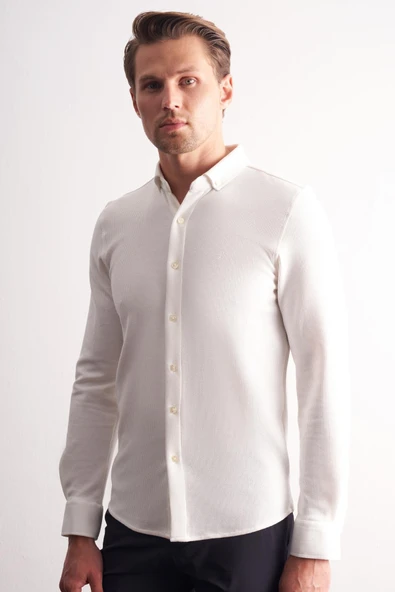 Uzun Kol Düğmeli Yaka Kendinden Desenli Pamuklu Slim Fit Gömlek 1004255267 ürün görseli 1