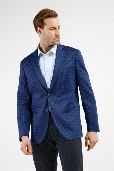 Lacivert Mono Yaka Kareli Desen Esnek 6 Drop Comfort Fit Classic Ceket 1002255153 ürün görseli 1