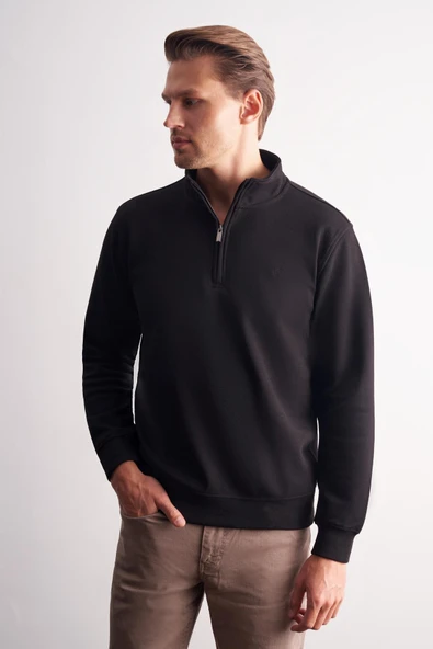 Siyah Uzun Kol Dik Yaka Düz Pamuklu Comfort Fit Sweatshirt 1013255151 ürün görseli 1