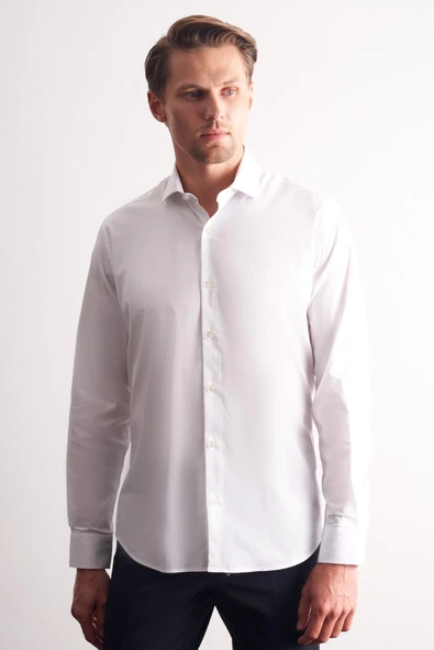 Beyaz Yarım İtalyan Yaka Uzun Kol Premium Slim Fit Pamuklu Gömlek 1004255198 ürün görseli 1