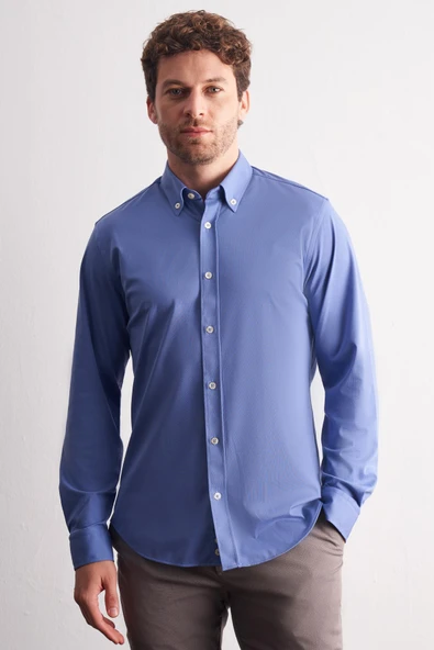 Mavi Düğmeli Yaka Örme Uzun Kol Performans Ürün Slim Fit Esnek Gömlek 1004255270 ürün görseli 1