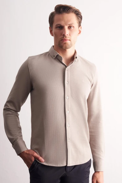 Taş Uzun Kol Düğmeli Yaka Kendinden Desenli Pamuklu Slim Fit Gömlek 1004255267 ürün görseli 1