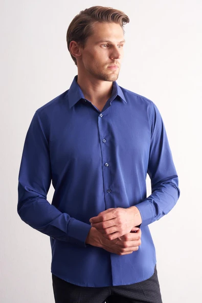 Lacivert Sert Yaka Filafil Desen Uzun Kol Slim Fit Pamuklu Gömlek 1004255181 ürün görseli 1