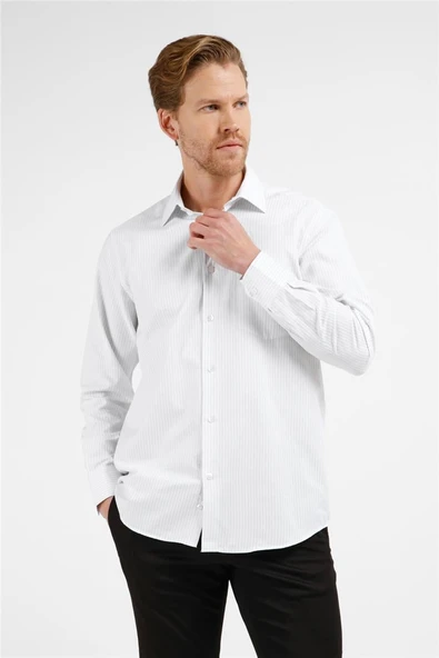 Beyaz-Siyah Çizgili Desen Sert Yaka Uzun Kol Cepli Comfort Fit Pamuklu Gömlek 1004255274 ürün görseli 1