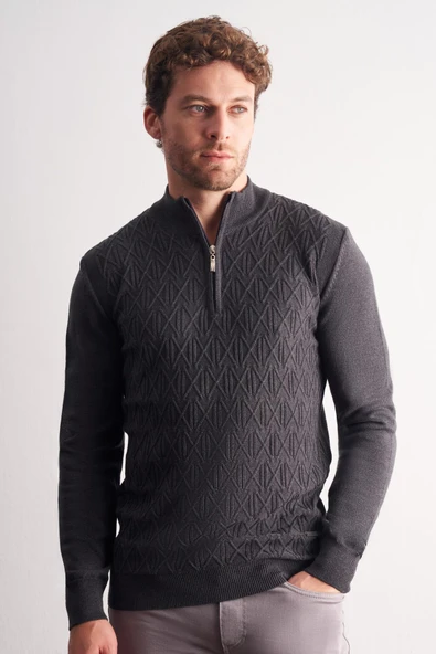 Koyu Antrasit Dik Yaka Uzun Kol Cepsiz Slim Fit Casual Pamuklu Triko Kazak 1012255108 ürün görseli 1