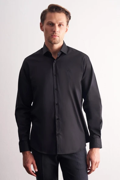 Siyah Yarım İtalyan Yaka Uzun Kol Premium Slim Fit Pamuklu Gömlek 1004255198 ürün görseli 1