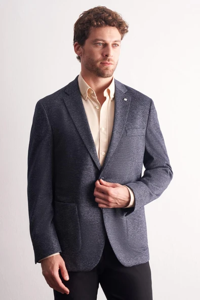 Lacivert Mono Yaka Kendinden Desenli Esnek 6 Drop Comfort Fit Classic Ceket 1002255155 ürün görseli 1