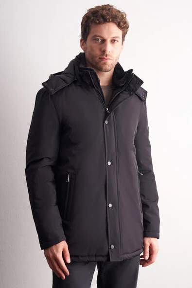 Siyah Çıkma Kapşonlu Dik Yaka Yırtmaçsız Esnek Classic Kaban 1008255165 ürün görseli 1