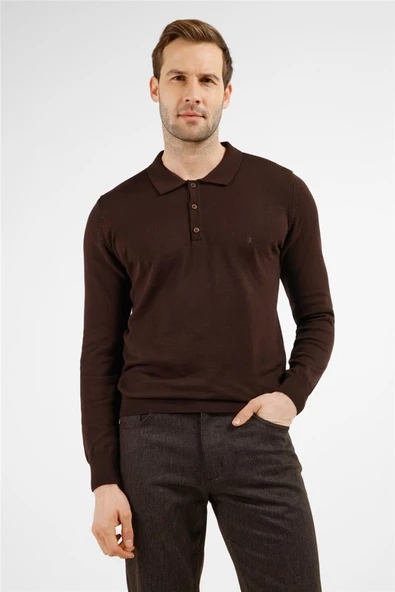 Kahverengi Polo Yaka Cepsiz Comfort Fit Classic Pamuklu Triko Kazak 1012255307 ürün görseli 1
