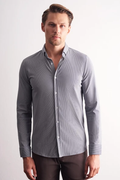 Lacivert-Beyaz Smart Düğmeli Yaka Uzun Kol Cepsiz Slim Fit Casual Gömlek 1004255165 ürün görseli 1