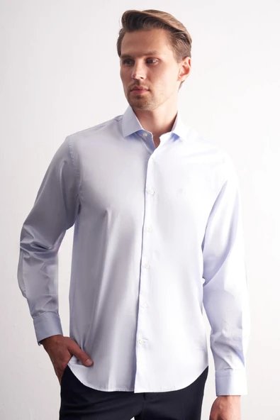 Mavi Yarım İtalyan Yaka Saten Uzun Kol Premium Slim Fit %100 Pamuk Gömlek 1004255195 ürün görseli 1