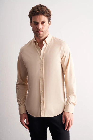 Bej Düğmeli Yaka Örme Uzun Kol Performans Ürün Slim Fit Esnek Gömlek 1004255270 ürün görseli 1