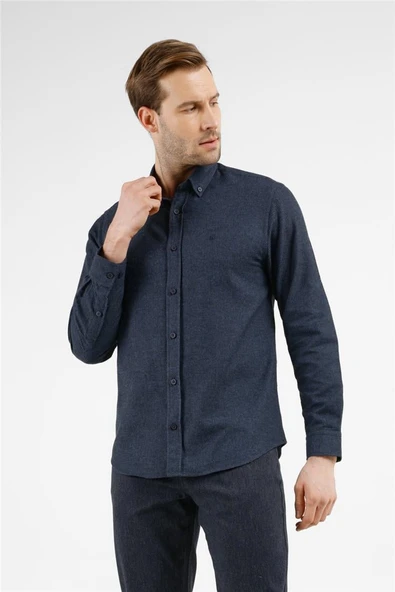 Lacivert-Mavi Düğmeli Yaka Uzun Kol Cepsiz Slim Fit Pamuklu Gömlek 1004255233 ürün görseli 1