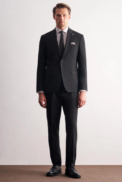 Siyah Kırlangıç Yaka Çizgili 6 Drop Slim Fit Tam Astar Esnek Takım Elbise 1001255164 ürün görseli 1