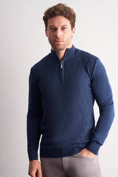 İndigo Mavi Dik Yaka Uzun Kol Cepsiz Slim Fit Casual Pamuklu Triko Kazak 1012255108 ürün görseli 1