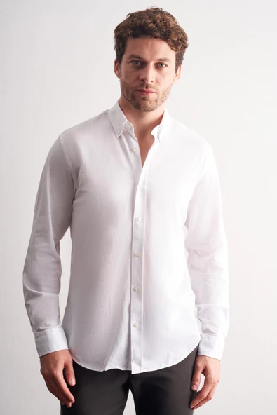 Beyaz Düğmeli Yaka Kendinden Desenli Örme Uzun Kol Performans Ürün Slim Fit %100 Pamuk Gömlek 1004255272 ürün görseli 1