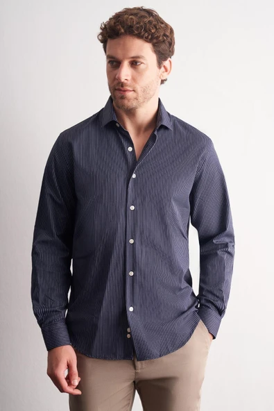 Lacivert-Beyaz Yarım İtalyan Yaka Çizgili Desen Uzun Kol Slim Fit Pamuklu Gömlek 1004255179 ürün görseli 1
