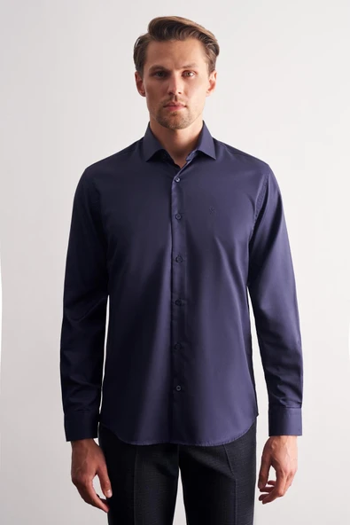 Lacivert Yarım İtalyan Yaka Saten Uzun Kol Slim Fit %100 Pamuk Gömlek 1004255188 ürün görseli 1