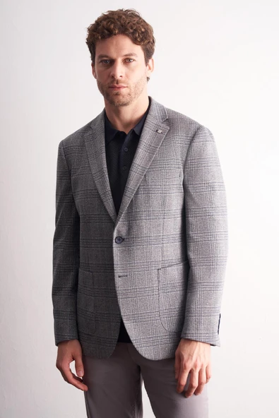 Lacivert Mono Yaka Ekose Desen Pamuklu 6 Drop Comfort Fit Classic Ceket 1002255152 ürün görseli 1