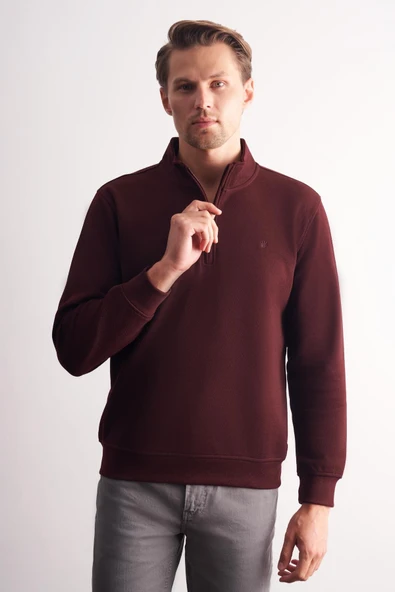 Bordo Uzun Kol Dik Yaka Düz Pamuklu Comfort Fit Sweatshirt 1013255151 ürün görseli 1