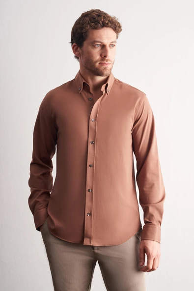 Vizon Düğmeli Yaka Örme Uzun Kol Performans Ürün Slim Fit Esnek Gömlek 1004255270 ürün görseli 1