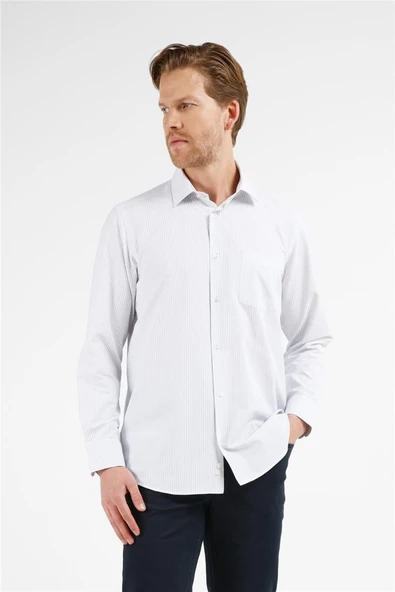 Beyaz-Lacivert Çizgili Desen Sert Yaka Uzun Kol Cepli Comfort Fit Pamuklu Gömlek 1004255208 ürün görseli 1