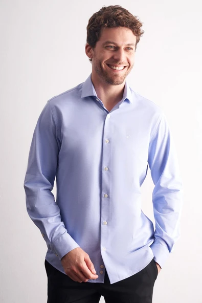 Mavi Yarım İtalyan Yaka Uzun Kol Premium Slim Fit %100 Pamuk Gömlek 1004255194 ürün görseli 1