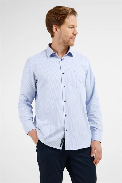 Mavi-Lacivert Çizgili Desen Sert Yaka Uzun Kol Cepli Comfort Fit Pamuklu Gömlek 1004255276 ürün görseli 1