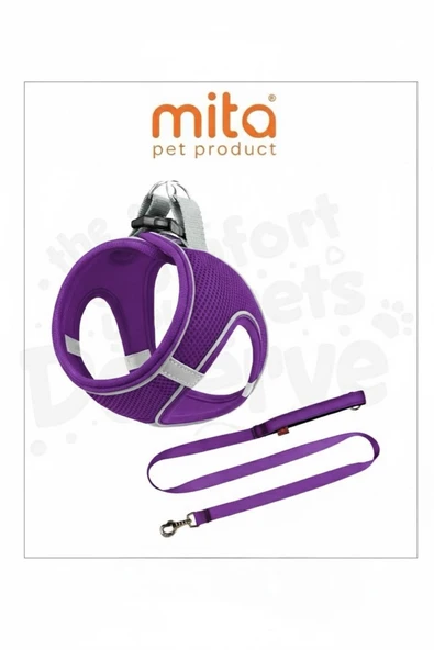 MİTA AİR MESH 2'LI BUNDLE SET KEDI KÖPEK GÖĞÜS TASMASI + KÖPEK GEZDİRME TASMASI/KAYIŞI MOR /M ürün görseli 1