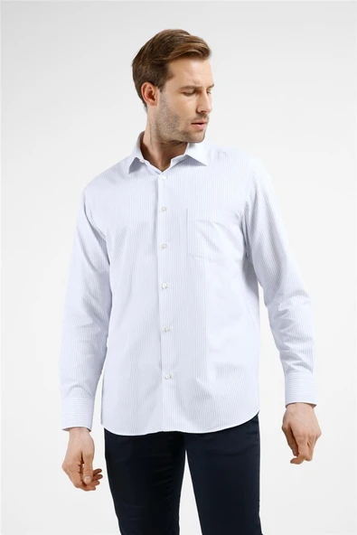 Beyaz-Mavi Çizgili Desen Sert Yaka Uzun Kol Cepli Comfort Fit Pamuklu Gömlek 1004255275 ürün görseli 1