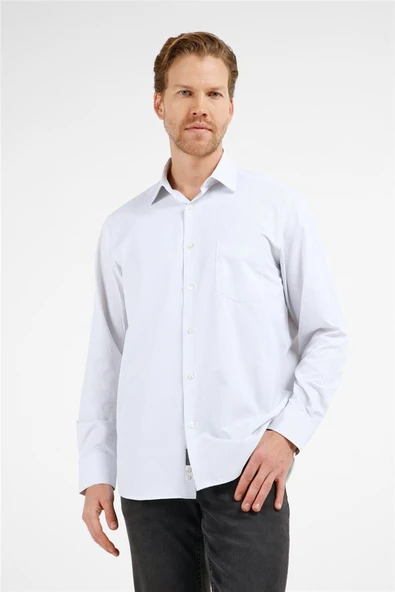 Beyaz-Siyah Çizgili Desen Sert Yaka Uzun Kol Cepli Comfort Fit Pamuklu Gömlek 1004255278 ürün görseli 1