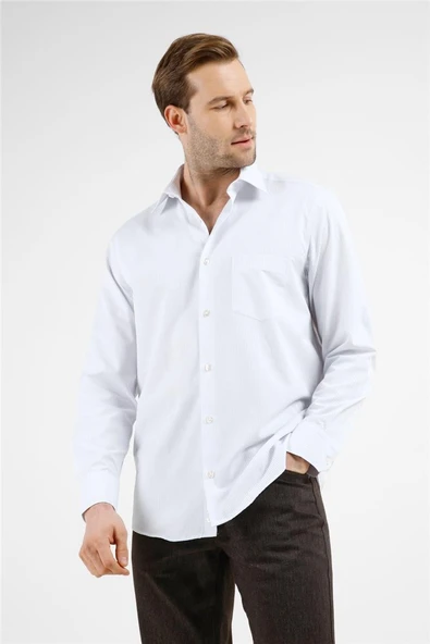 Beyaz-Mavi Çizgili Desen Sert Yaka Uzun Kol Cepli Comfort Fit Pamuklu Gömlek 1004255278 ürün görseli 1