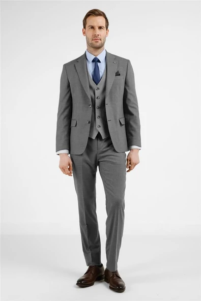 Gri Mono Yaka Yelekli 6 Drop Slim Fit Tam Astar Esnek Takım Elbise 1001255175 ürün görseli 1