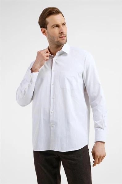 Beyaz-Bej Çizgili Desen Sert Yaka Uzun Kol Cepli Comfort Fit Pamuklu Gömlek 1004255275 ürün görseli 1