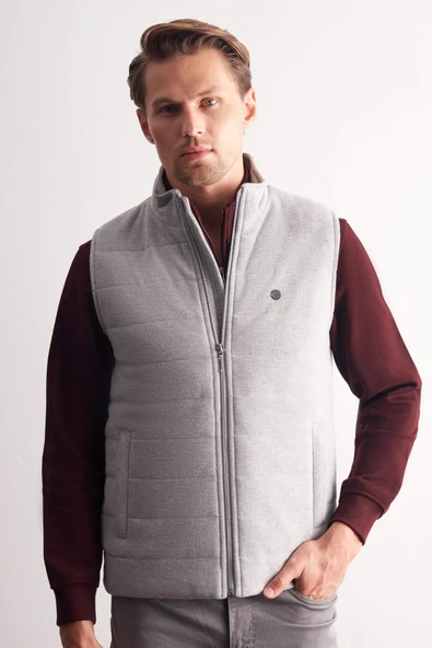 Gri Dik Yaka Fermuarlı Casual Slim Fit Kapitone Yelek 1009255103 ürün görseli 1