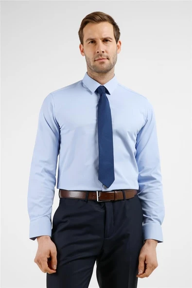 Mavi Sert Yaka Uzun Kol Cepsiz Slim Fit Pamuklu Gömlek 1004255228 ürün görseli 1