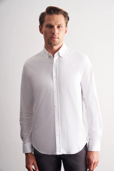 Beyaz Düğmeli Yaka Örme Uzun Kol Performans Ürün Slim Fit %100 Pamuk Gömlek 1004255271 ürün görseli 1