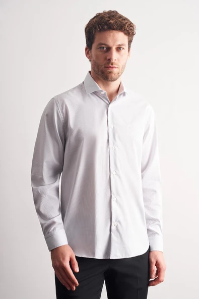 Beyaz-Gri Yarım İtalyan Yaka Çizgili Desen Uzun Kol Premium Slim Fit %100 Pamuk Gömlek 1004255191 ürün görseli 1