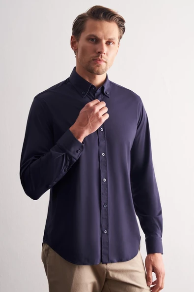 Lacivert Düğmeli Yaka Örme Uzun Kol Performans Ürün Slim Fit Esnek Gömlek 1004255270 ürün görseli 1