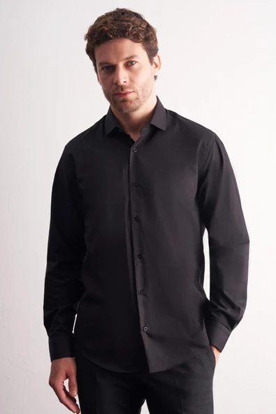 Siyah Yarım İtalyan Yaka Uzun Kol Premium Slim Fit %100 Pamuk Gömlek 1004255196 ürün görseli 1