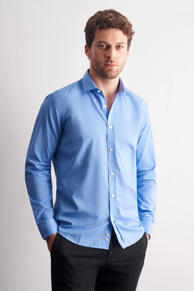 Saks Yarım İtalyan Yaka Uzun Kol Slim Fit Pamuklu Gömlek 1004255180 ürün görseli 1
