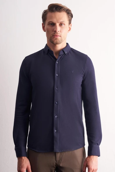 Lacivert Uzun Kol Düğmeli Yaka Kendinden Desenli Pamuklu Slim Fit Gömlek 1004255267 ürün görseli 1
