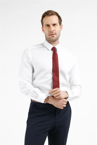 Beyaz Uzun Kol Sert Yaka Kendinden Desenli %100 Pamuk Slim Fit Gömlek 1004255201 ürün görseli 1