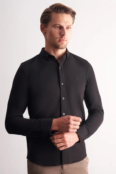 Siyah Uzun Kol Düğmeli Yaka Kendinden Desenli Pamuklu Slim Fit Gömlek 1004255267 ürün görseli 1