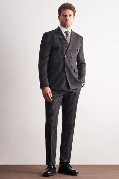 Siyah Kırlangıç Yaka Çizgili Kruvaze 6 Drop Slim Fit Tam Astar Esnek Takım Elbise 1001255153 ürün görseli 1