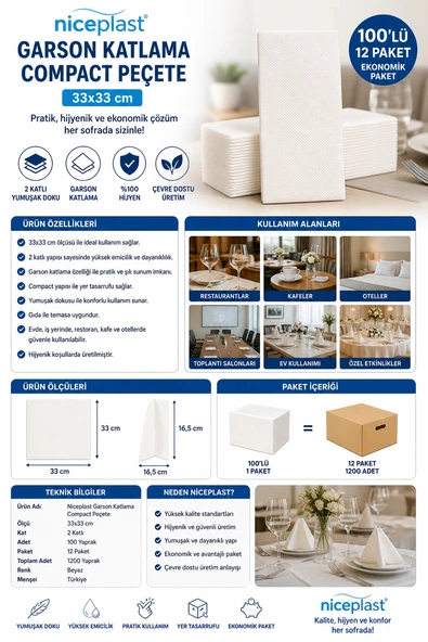 Niceplast Garson Katlama Compact Peçete 33x33 cm 100'lü 12 Paket ürün görseli 1