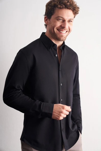 Siyah Düğmeli Yaka Kendinden Desenli Örme Uzun Kol Performans Ürün Slim Fit %100 Pamuk Gömlek 1004255272 ürün görseli 1