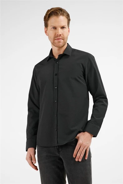 Siyah-Beyaz Kendinden Desenli Sert Yaka Uzun Kol Cepsiz Slim Fit Pamuklu Gömlek 1004255216 ürün görseli 1